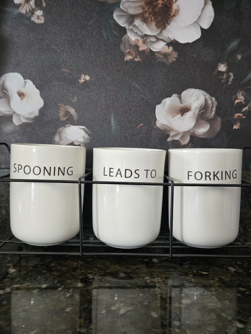 White Ceramic Utensil Holders Set of 3 - 'Spooning, Leads To, Forking'